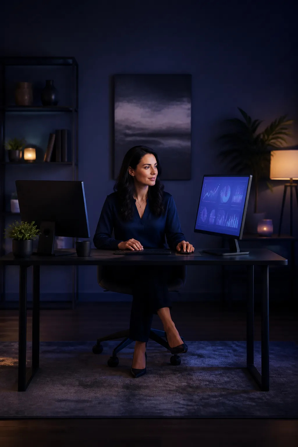 A consultant confidently reviewing her AI-powered marketing dashboard